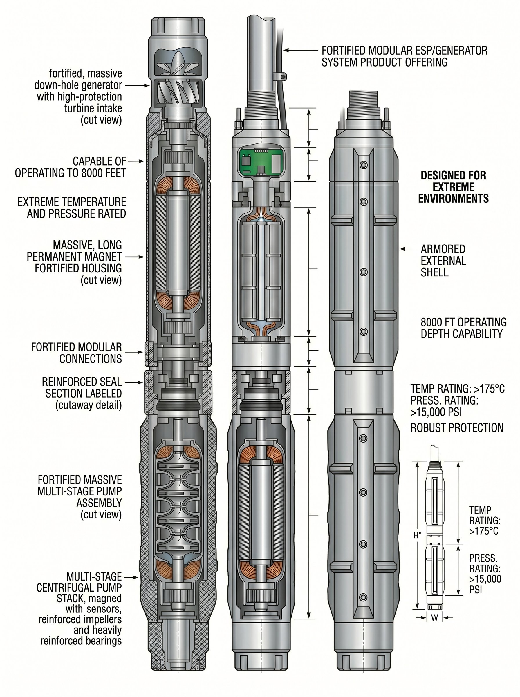 Cutaway diagram of the fortified modular ESP/generator system, showing the down-hole generator with high-protection turbine intake, permanent magnet housing, reinforced seal section, multi-stage centrifugal pump, and armored external shell.